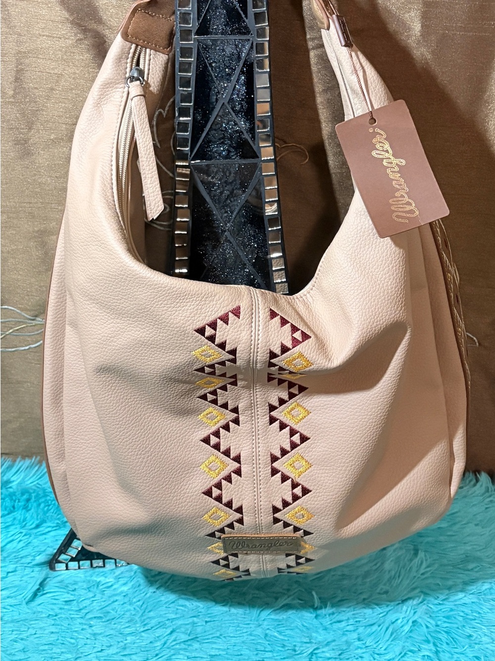 Wrangler By Montana West Aztec Embroidered Large Hobo Bag PU +Leather NWT